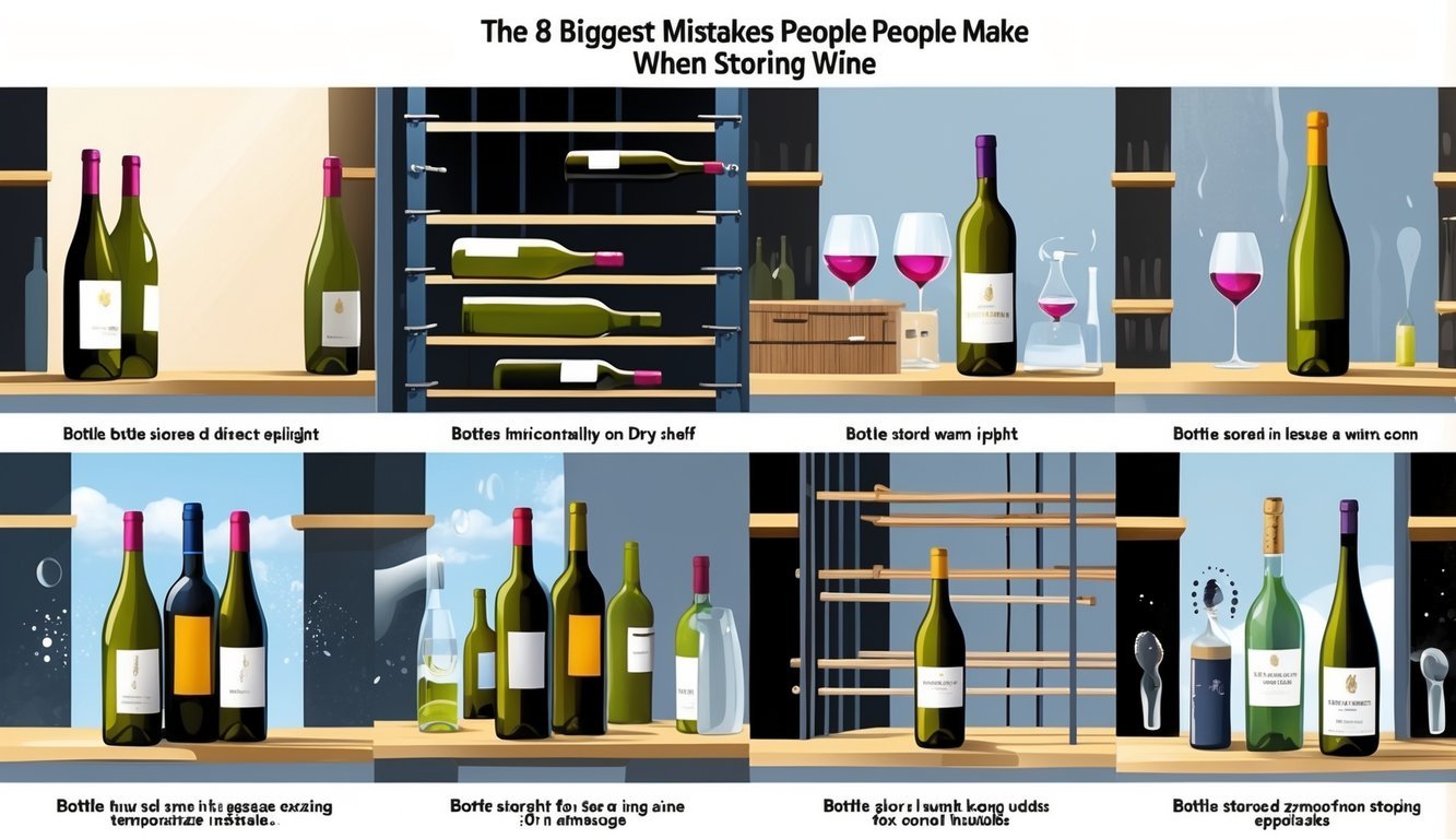 An illustration showing eight different common mistakes in storing wine, including exposure to sunlight, improper bottle positioning, dry cork, warm temperature, vibrations, strong odors, and fluctuating humidity.
