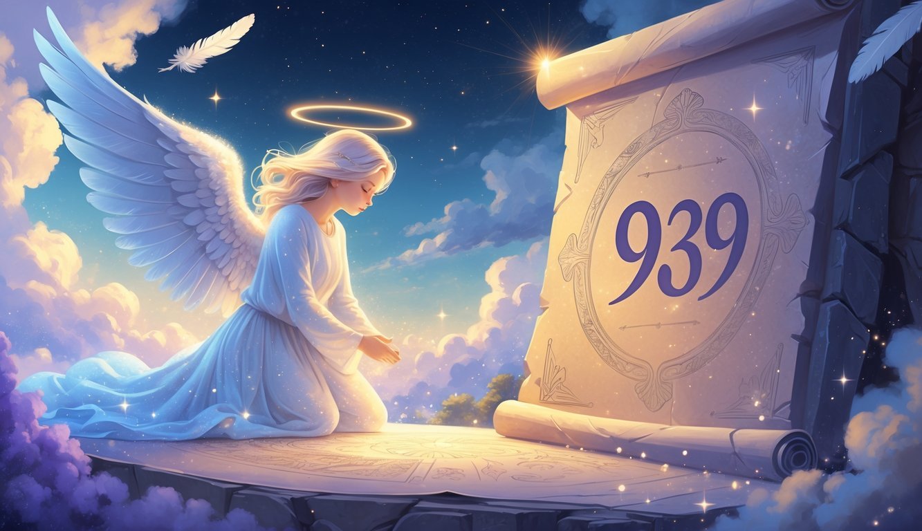 An angelic figure glowing softly near an ancient stone tablet with the numbers 939 subtly integrated, set against a peaceful celestial sky with stars and clouds.