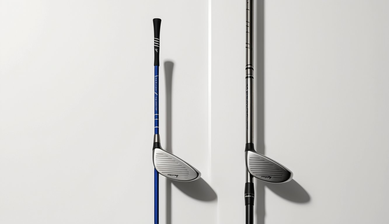 Two golf club shafts side by side, one slightly bent to show flexibility and the other straight to show stiffness, each with a golf club head attached.