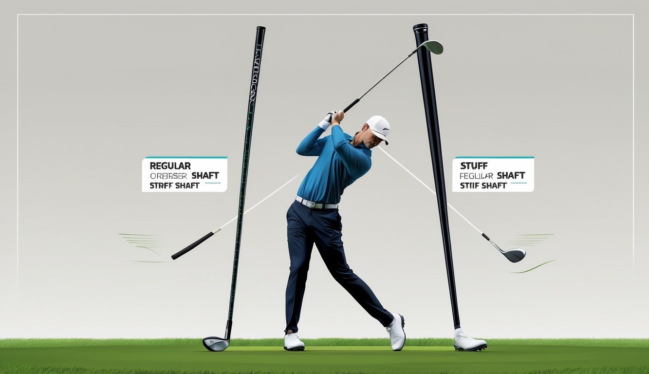 A golfer swinging a golf club with two side-by-side golf shafts showing different bending levels, one bending more than the other.