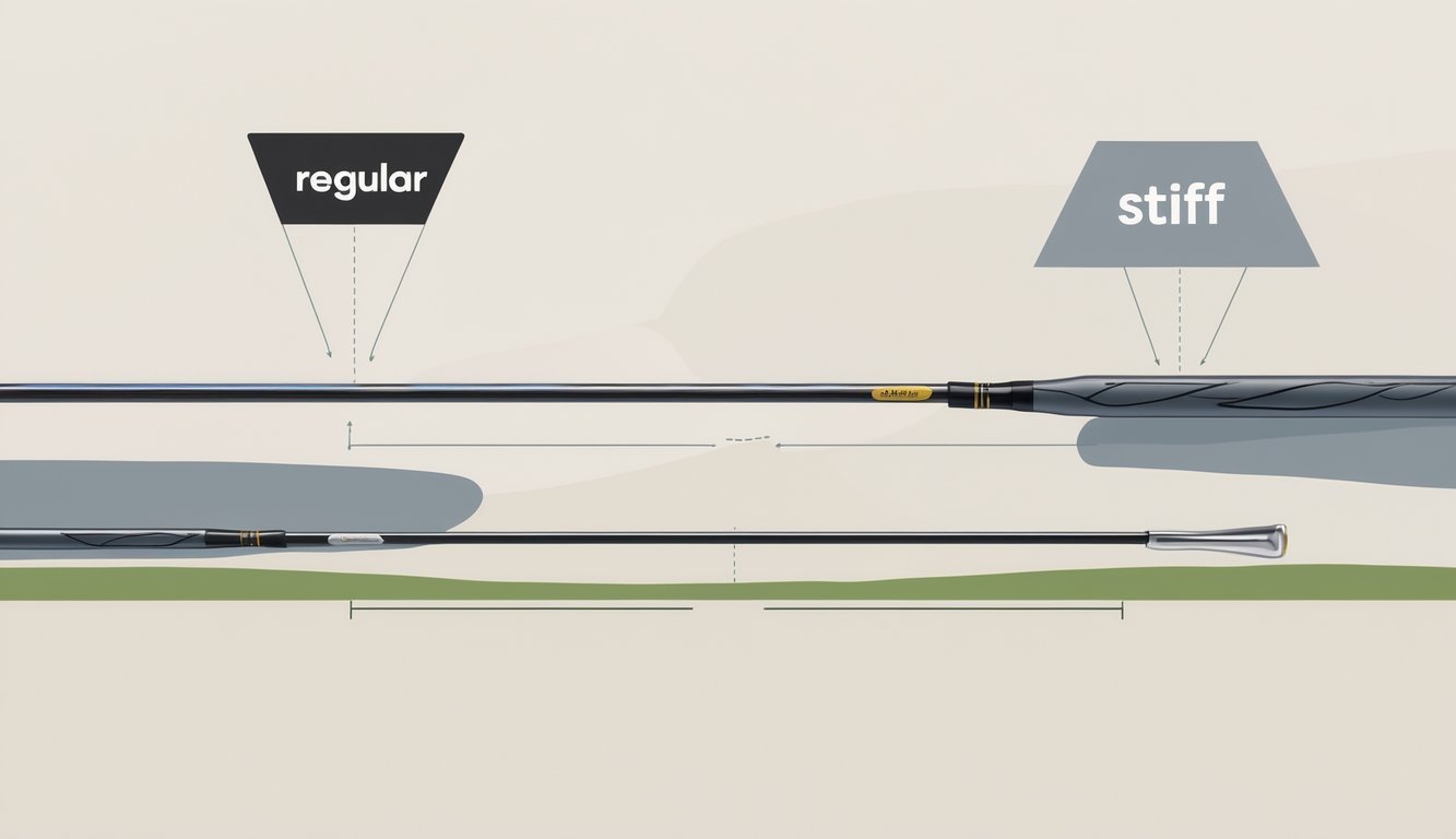 Two golf shafts side by side, one slightly bent to show flexibility and the other straight to show stiffness, on a plain background.