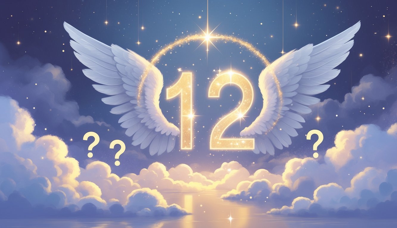 A glowing number 1123 formed by beams of light surrounded by angel wings, soft clouds, and subtle question mark shapes in a calm, celestial setting.
