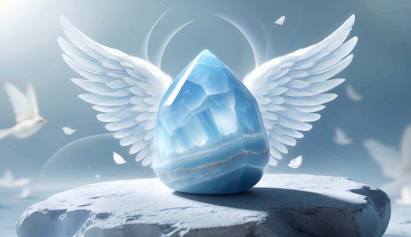 A polished light blue angelite crystal resting on a stone surface with soft glowing light and faint angel wings behind it.