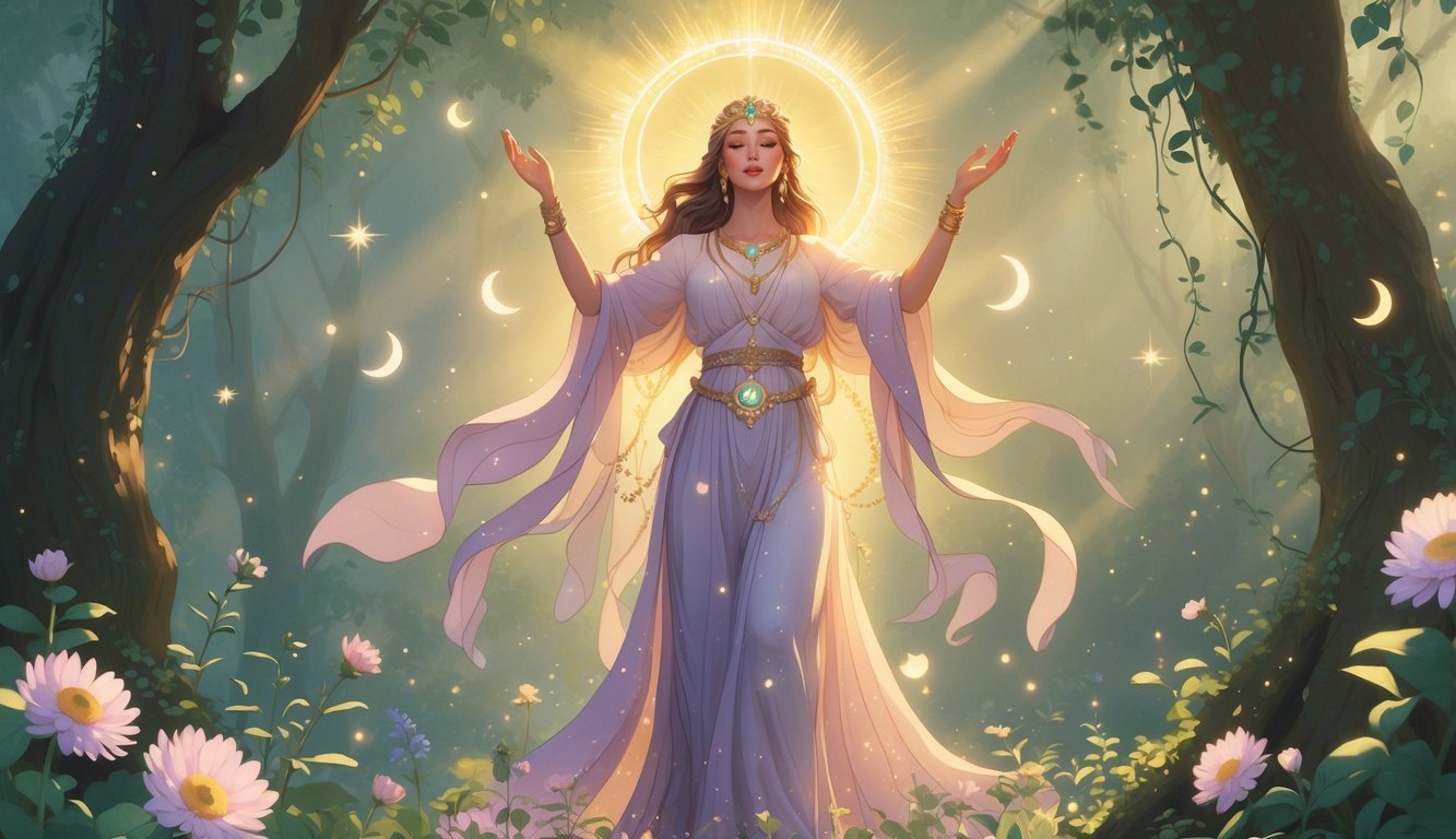 A radiant female figure surrounded by nature and spiritual symbols, with hands raised in blessing, embodying divine feminine energy.