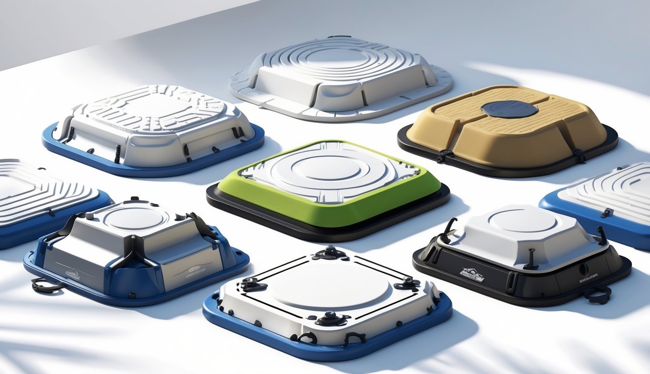 Illustration of different types of baseball bases arranged on a white background, showing standard, foam, safety, and portable bases.