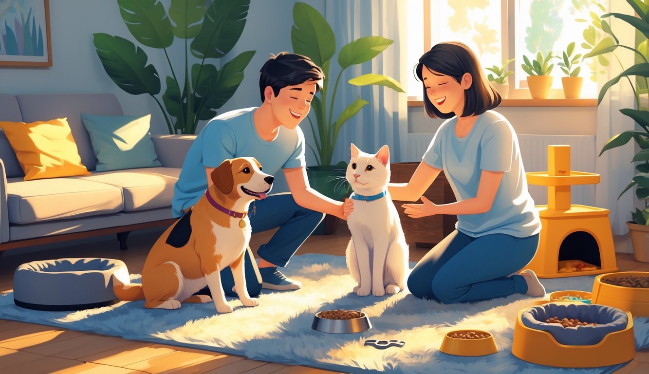 A family introducing a dog and a cat to each other in a cozy living room with pet supplies nearby.