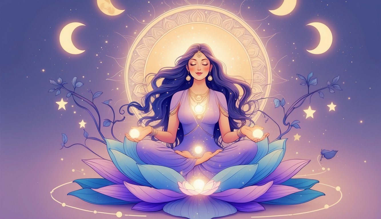 A radiant goddess seated on a lotus flower surrounded by glowing orbs, mandalas, and natural elements like vines and moon phases, set against a soft purple and blue background.