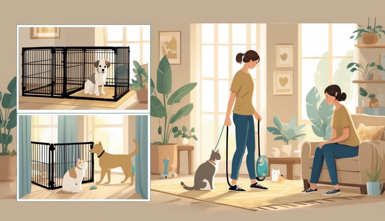 Four-panel illustration showing a dog and cat gradually meeting in a home, starting with the dog in a crate, then separated by a gate, followed by a leashed introduction, and finally sitting peacefully together.