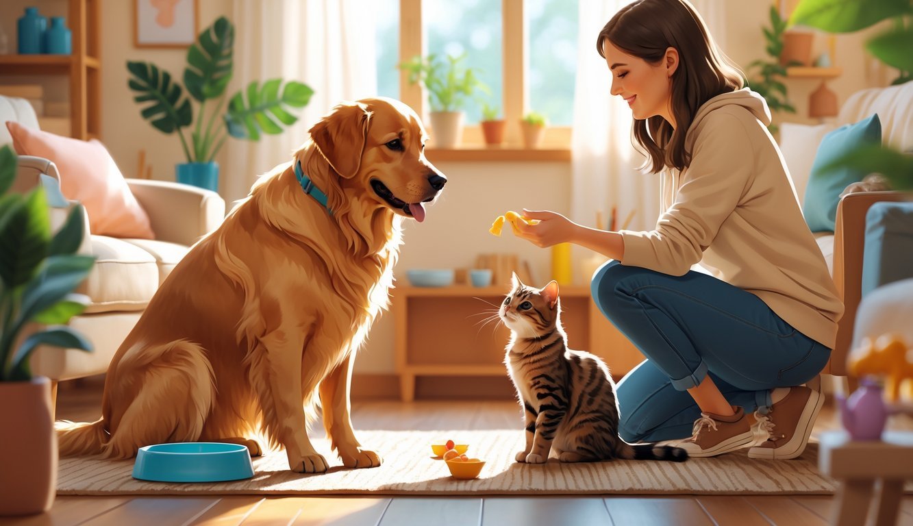 A person introducing a dog and a cat to each other in a cozy living room.