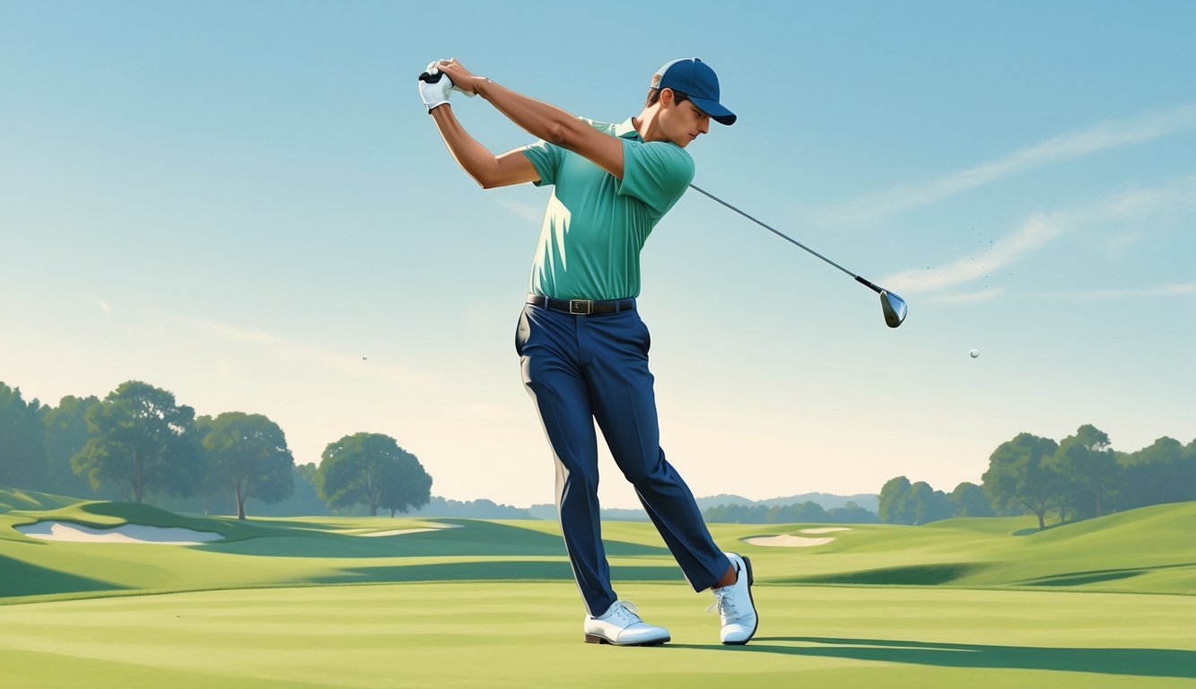 A golfer swinging a club with a straight left arm at the moment of impact on a golf course.