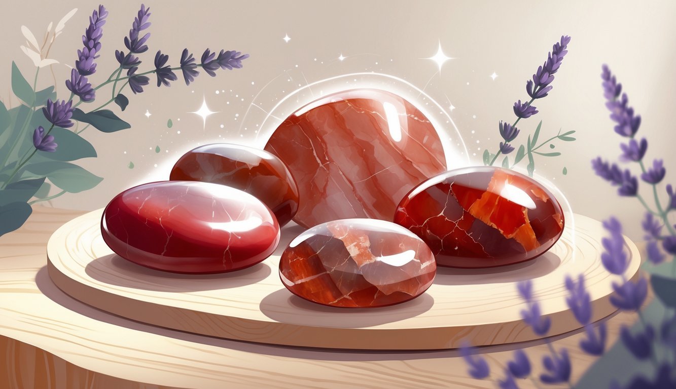 Several polished red jasper gemstones arranged on a wooden surface with soft glowing light and botanical elements around them.
