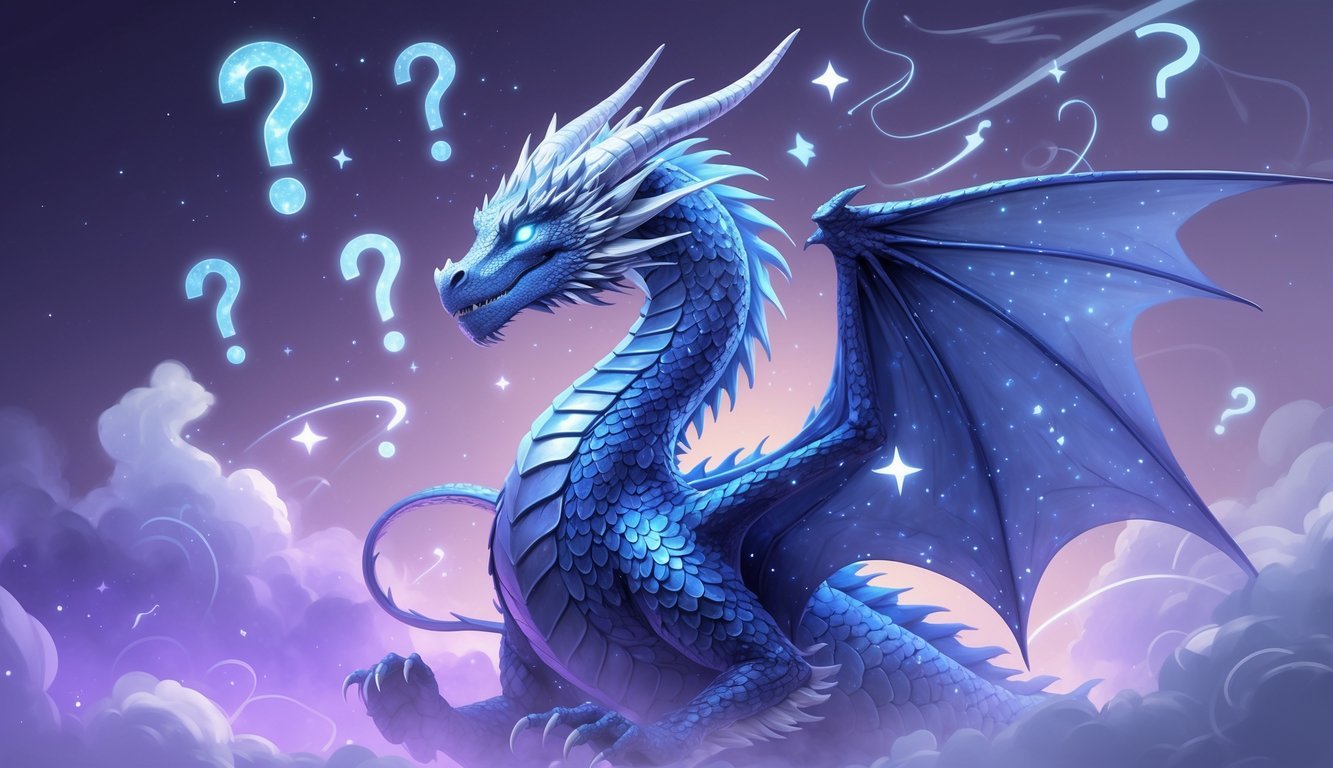 A majestic dragon surrounded by glowing symbols and swirling mist in a dreamy, twilight setting.