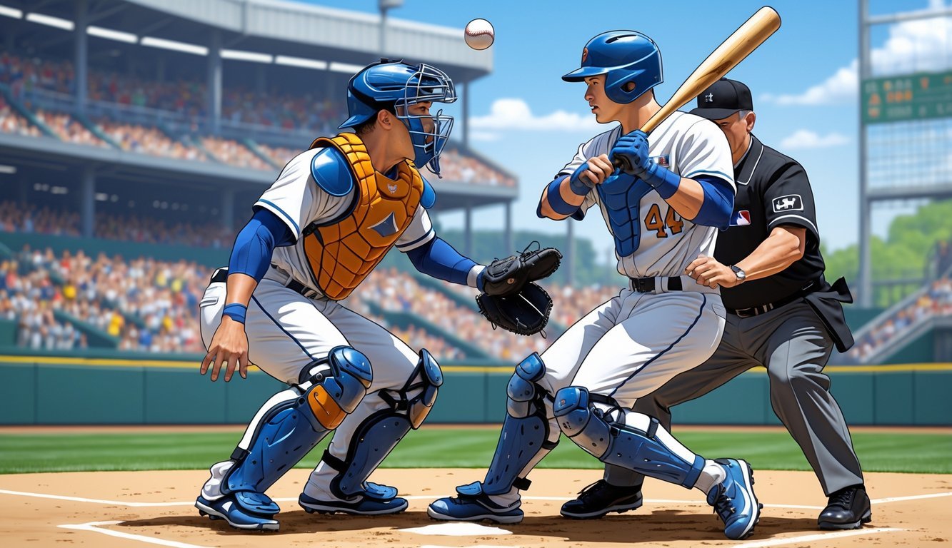 A baseball catcher reaching to catch a pitch near home plate while the batter swings, with an umpire signaling a call.