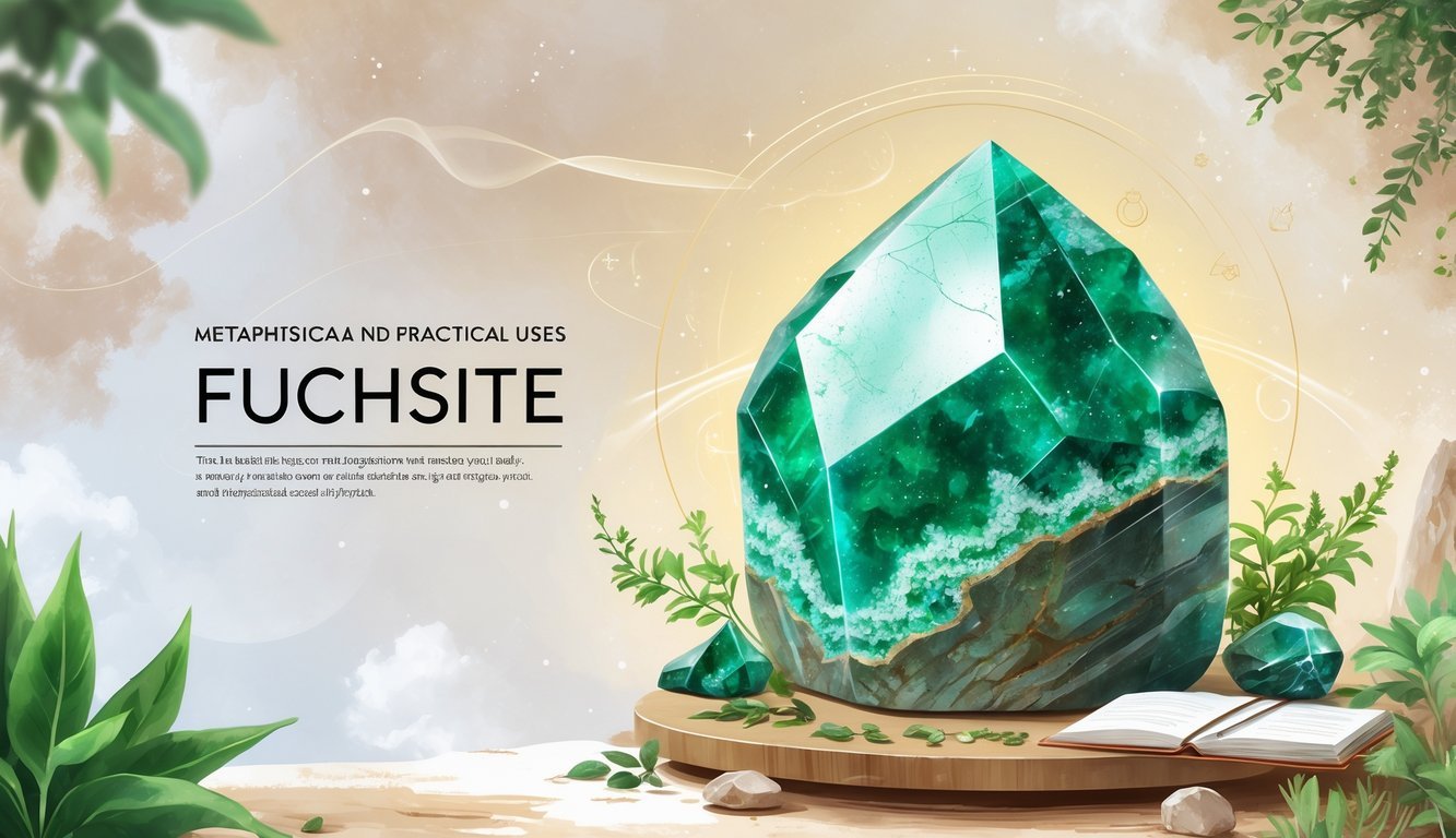 A detailed illustration of a green fuchsite crystal surrounded by glowing energy waves and symbols, placed in a calm meditation setting with plants and a journal nearby.