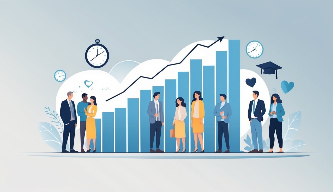 A graph showing a sharp decline with diverse couples nearby, surrounded by icons representing delayed marriage, education, careers, and relationship challenges.