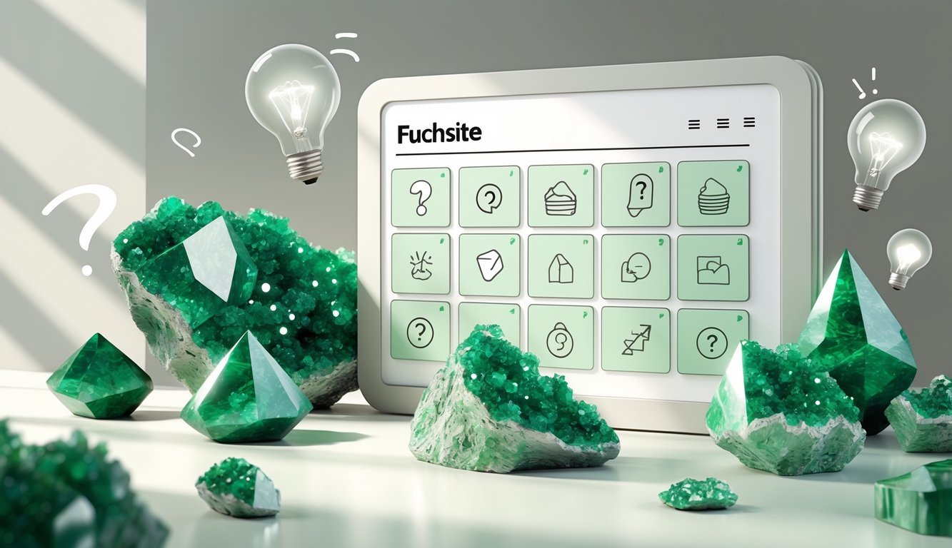 A clean layout showing a board with question and answer icons surrounded by realistic green fuchsite mineral crystals.