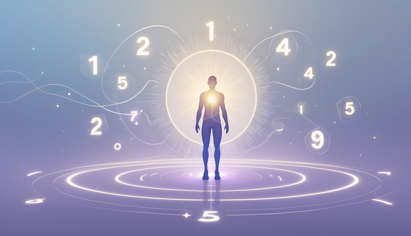 A glowing human figure surrounded by floating numbers arranged in a circle, representing the connection between life path numbers and self-expression.