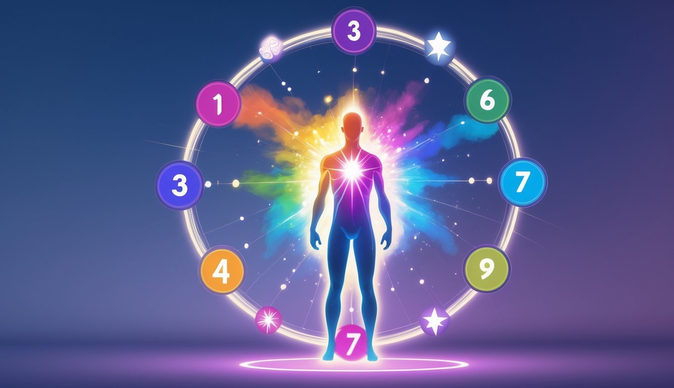 A glowing human figure surrounded by softly illuminated numbers connected by flowing light lines, symbolizing the link between life path numbers and personality traits.