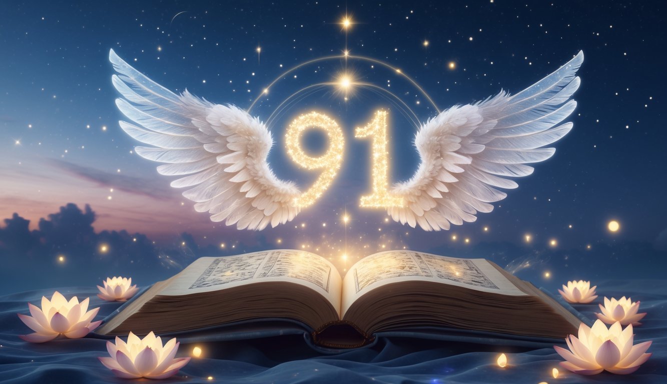 A glowing number 911 floating above an open ancient book surrounded by angelic wings, soft light beams, stars, and glowing crystals.