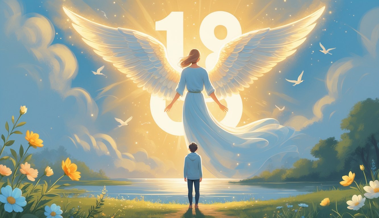 An angel with glowing wings hovering above a person in a peaceful natural setting at dawn, surrounded by symbols of growth like flowers and birds, with soft light forming the number 18 in the background.