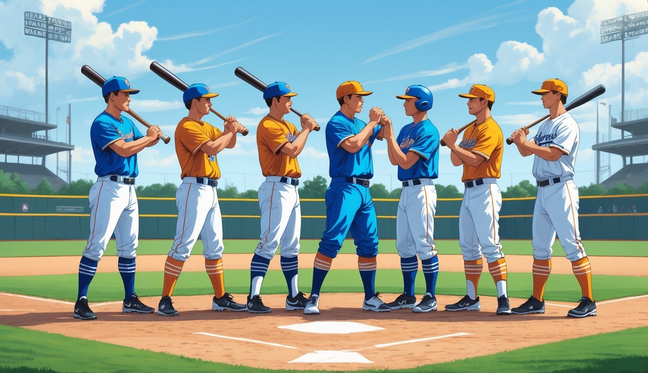 Several baseball players on a field demonstrating different batting stances side by side.