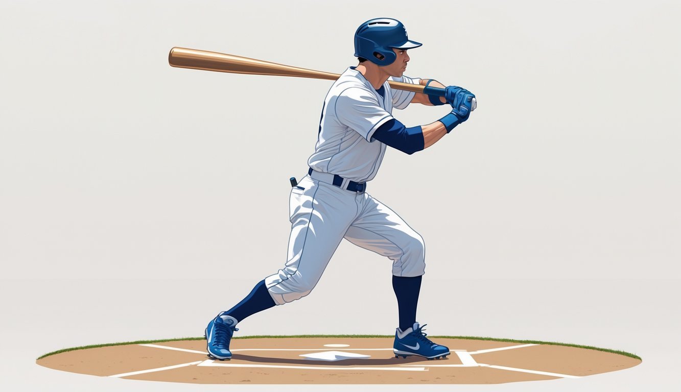 A baseball player standing in a batting stance on a baseball field, holding a bat ready to swing.