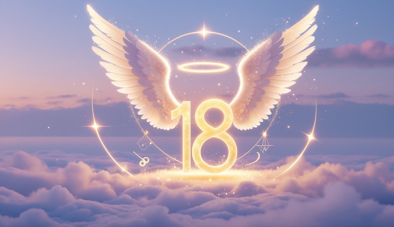 A glowing number 18 surrounded by light beams and angel wings against a soft pastel sky with abstract spiritual symbols.