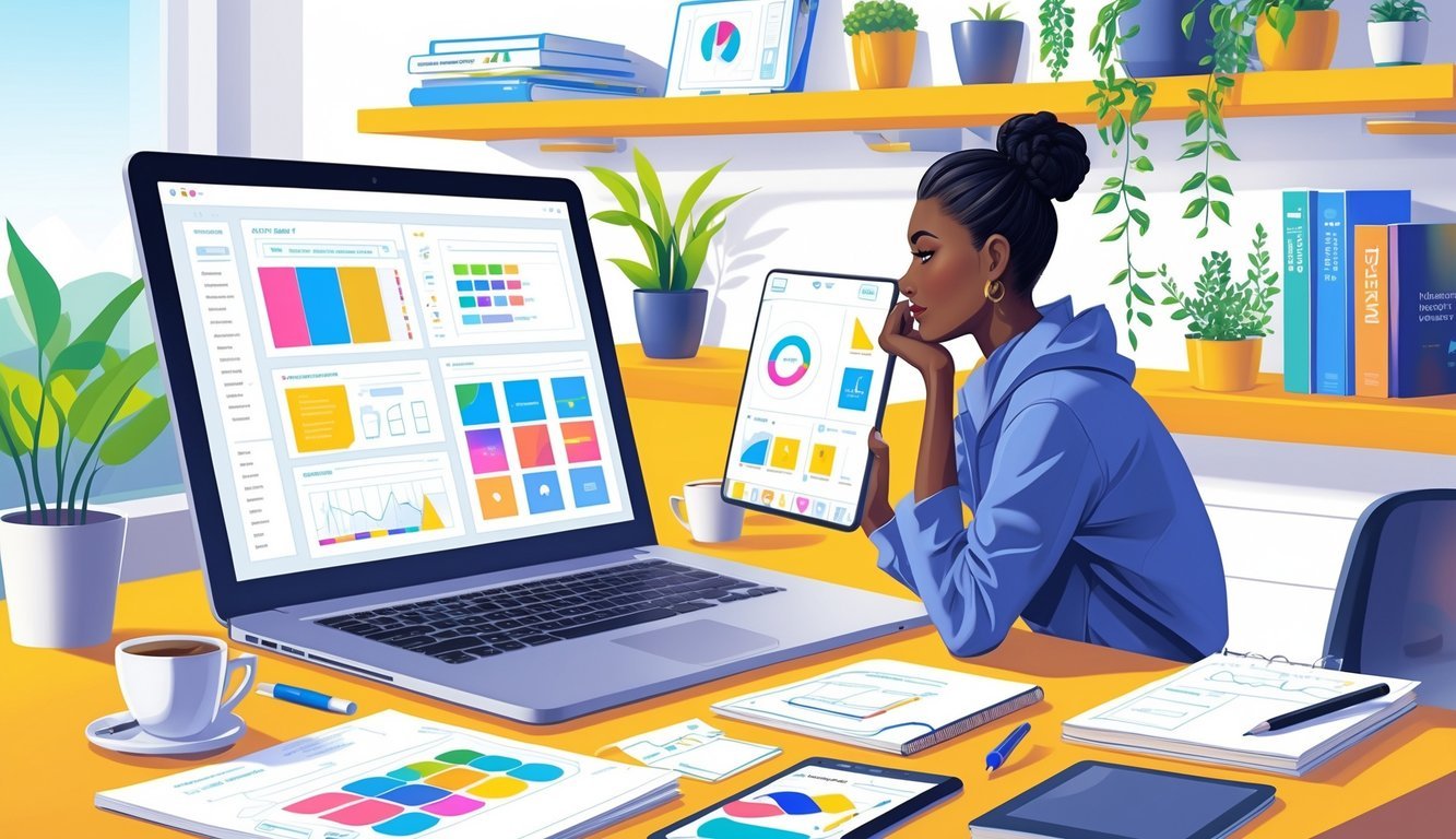 A person working at a desk with a laptop showing UI designs, a digital tablet, and design sketches in a bright, organized workspace.