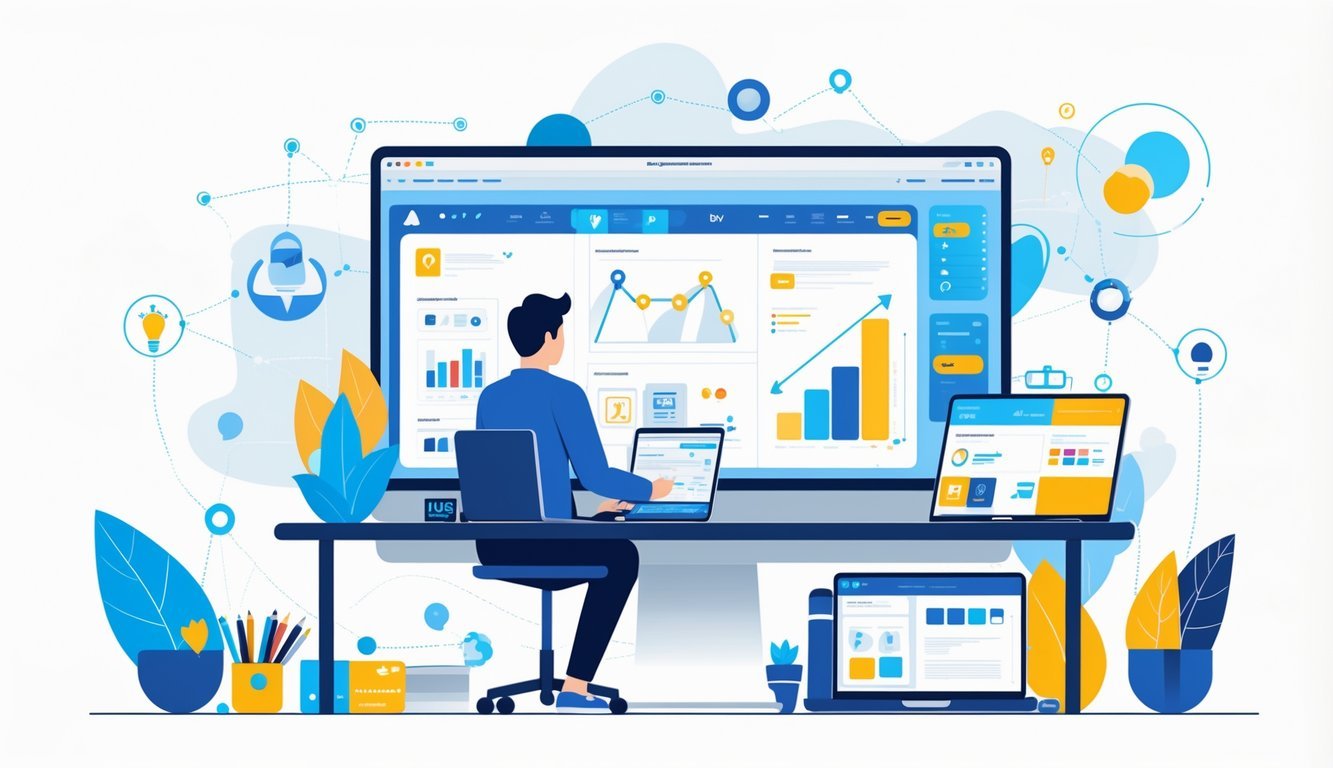 A person working at a desk with digital devices showing UX/UI designs, surrounded by symbols of growth and networking.