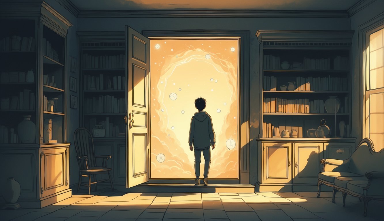 A person stands at the entrance of a hidden room revealed behind a bookshelf in an old house, with warm light glowing from inside the secret space.