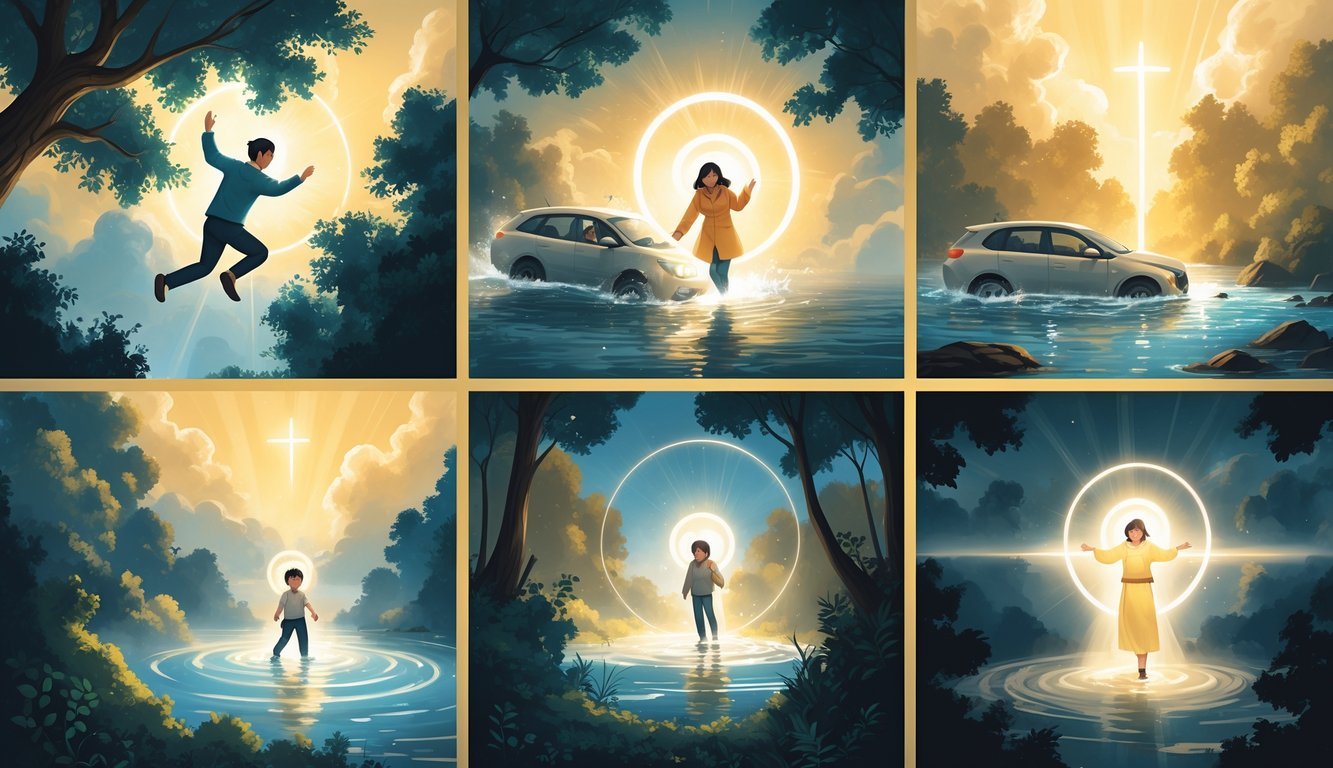 Six scenes showing people experiencing miraculous events where a glowing light or figure appears to protect or guide them in moments of danger or need.