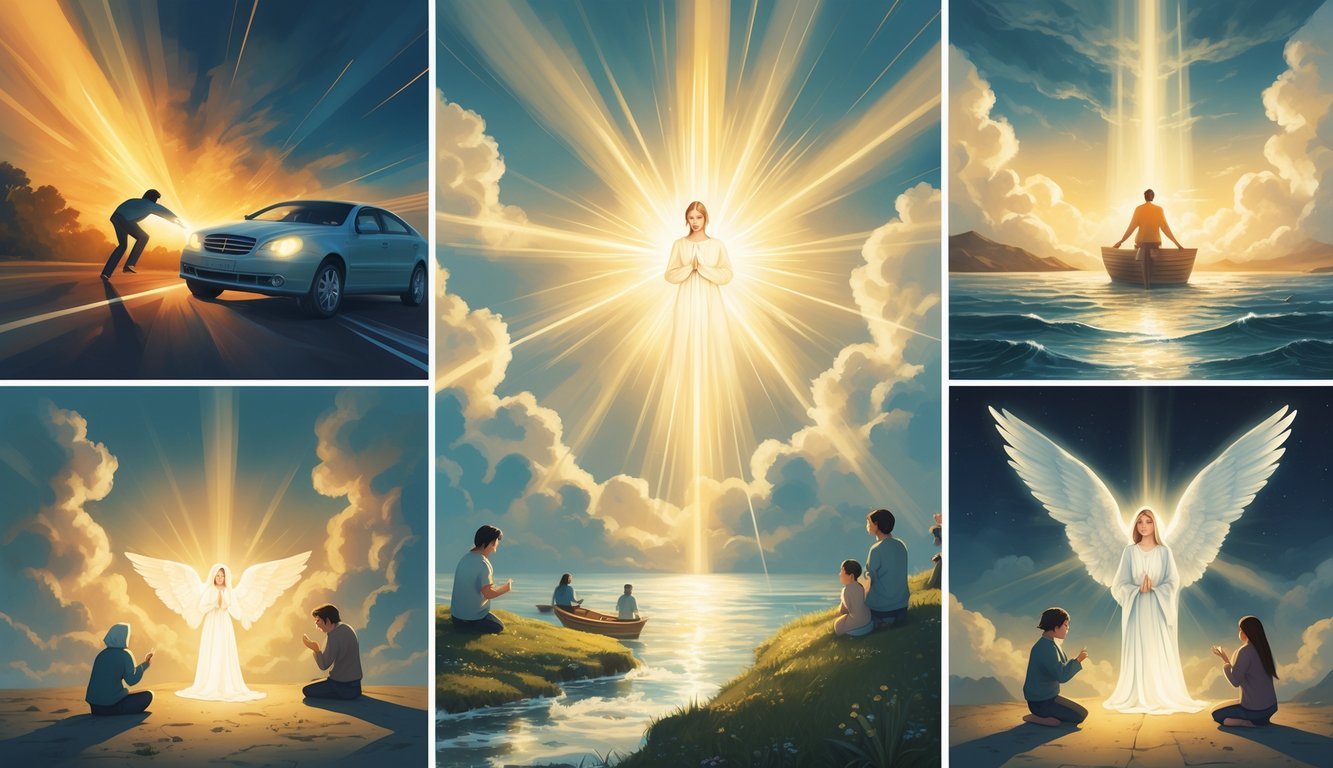 Six scenes showing different moments of miraculous events where people experience protection, healing, calm, reunion, provision, and peace.