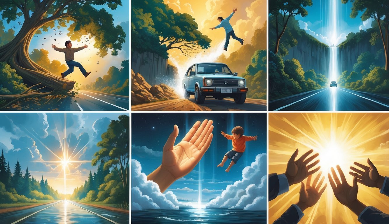 Six scenes showing people experiencing miraculous moments where they are saved or protected by a divine light in various natural settings.