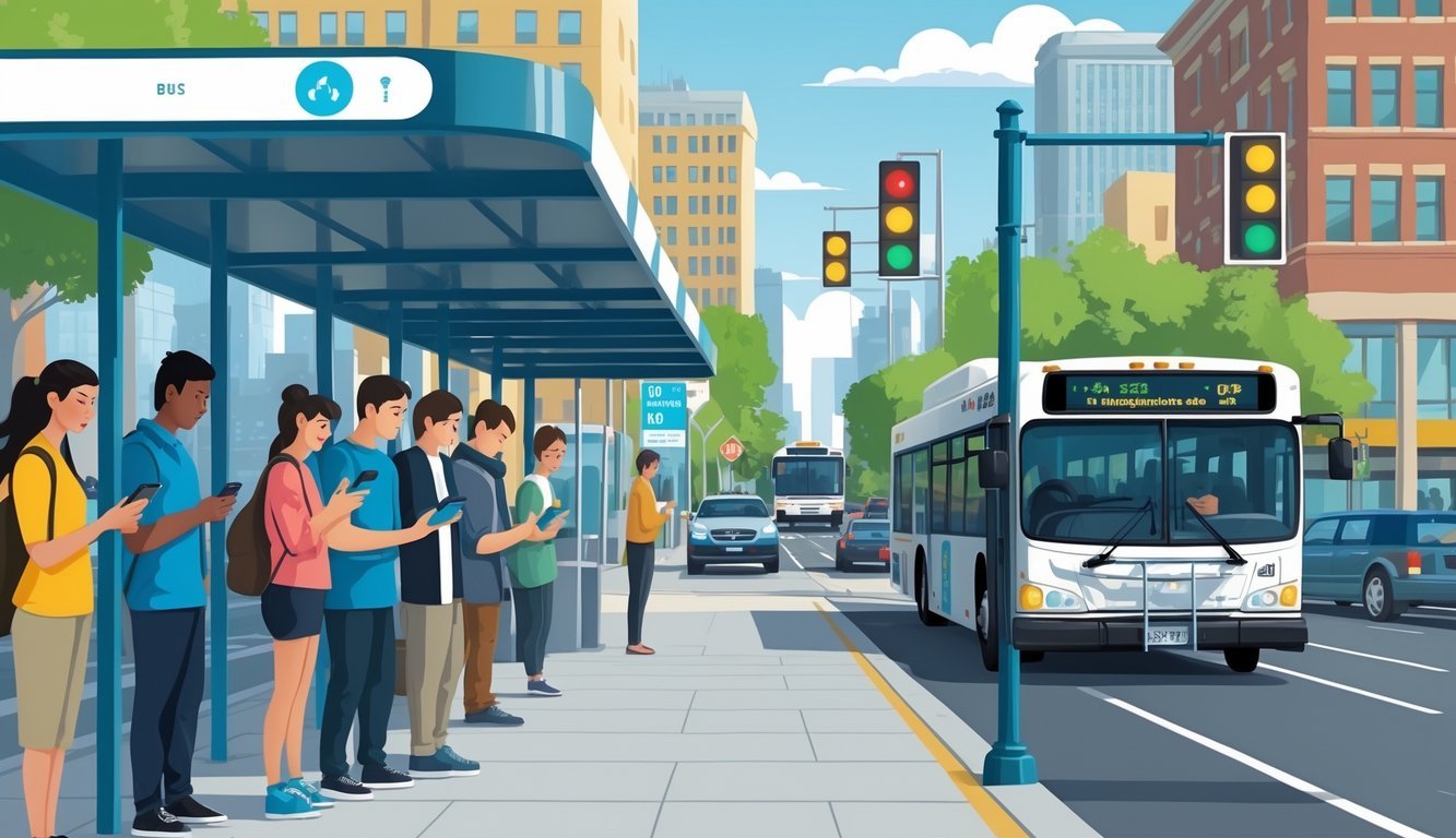 People waiting at a crowded city bus stop, some looking at bus apps on their phones while a bus is delayed in heavy traffic in the background.