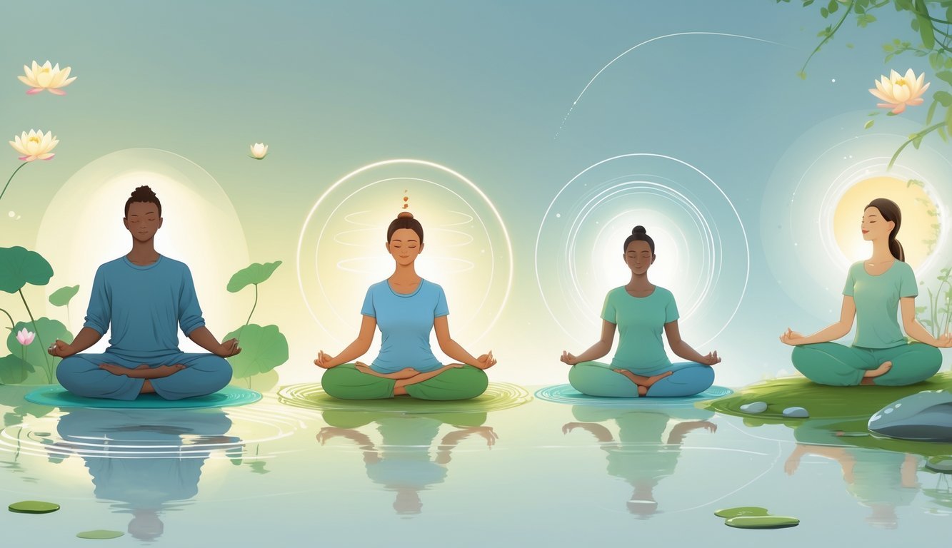 Several people practicing different meditation techniques in a calm natural setting with peaceful expressions.
