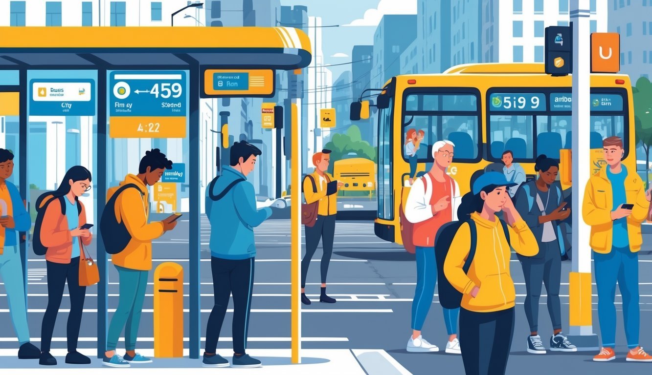 A group of people waiting at a city bus stop, some looking at their phones, with a delayed bus approaching in the background.