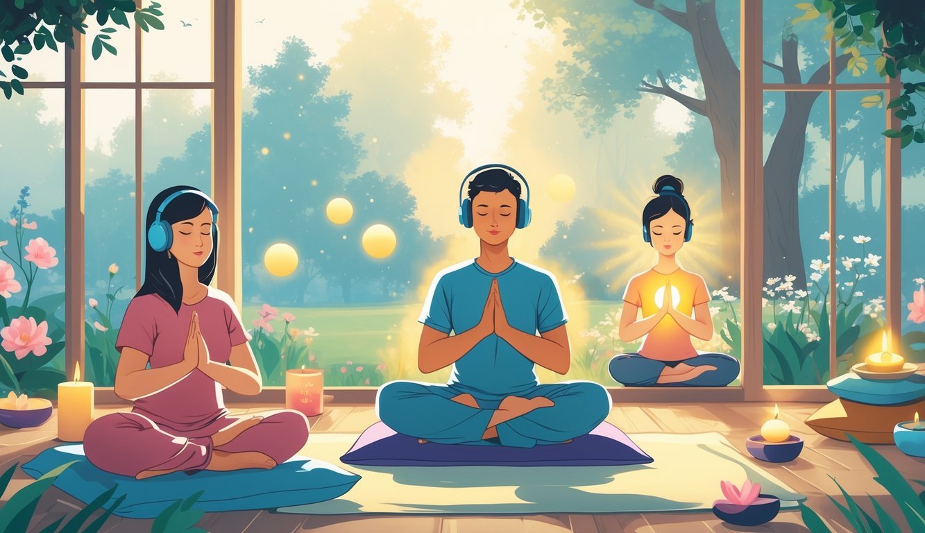 Several people meditating in different ways in a peaceful indoor and outdoor setting with natural elements like cushions, plants, and soft light.