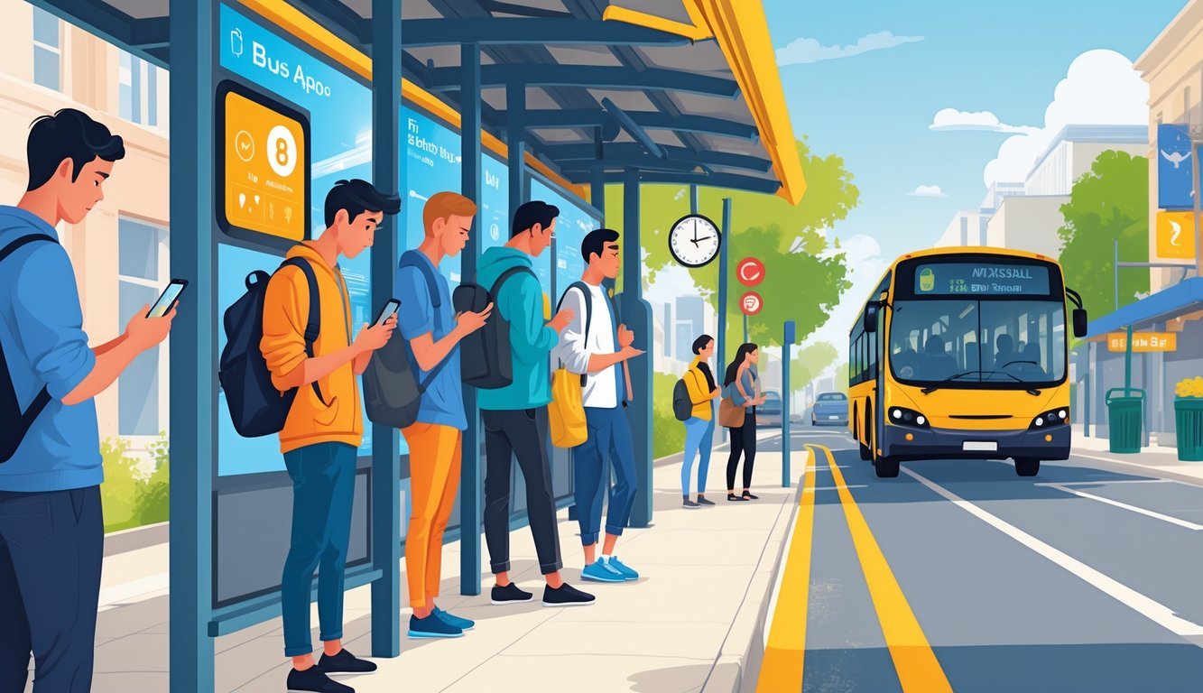 People waiting at a busy city bus stop, some looking at their smartphones, with a bus approaching slowly in the background.