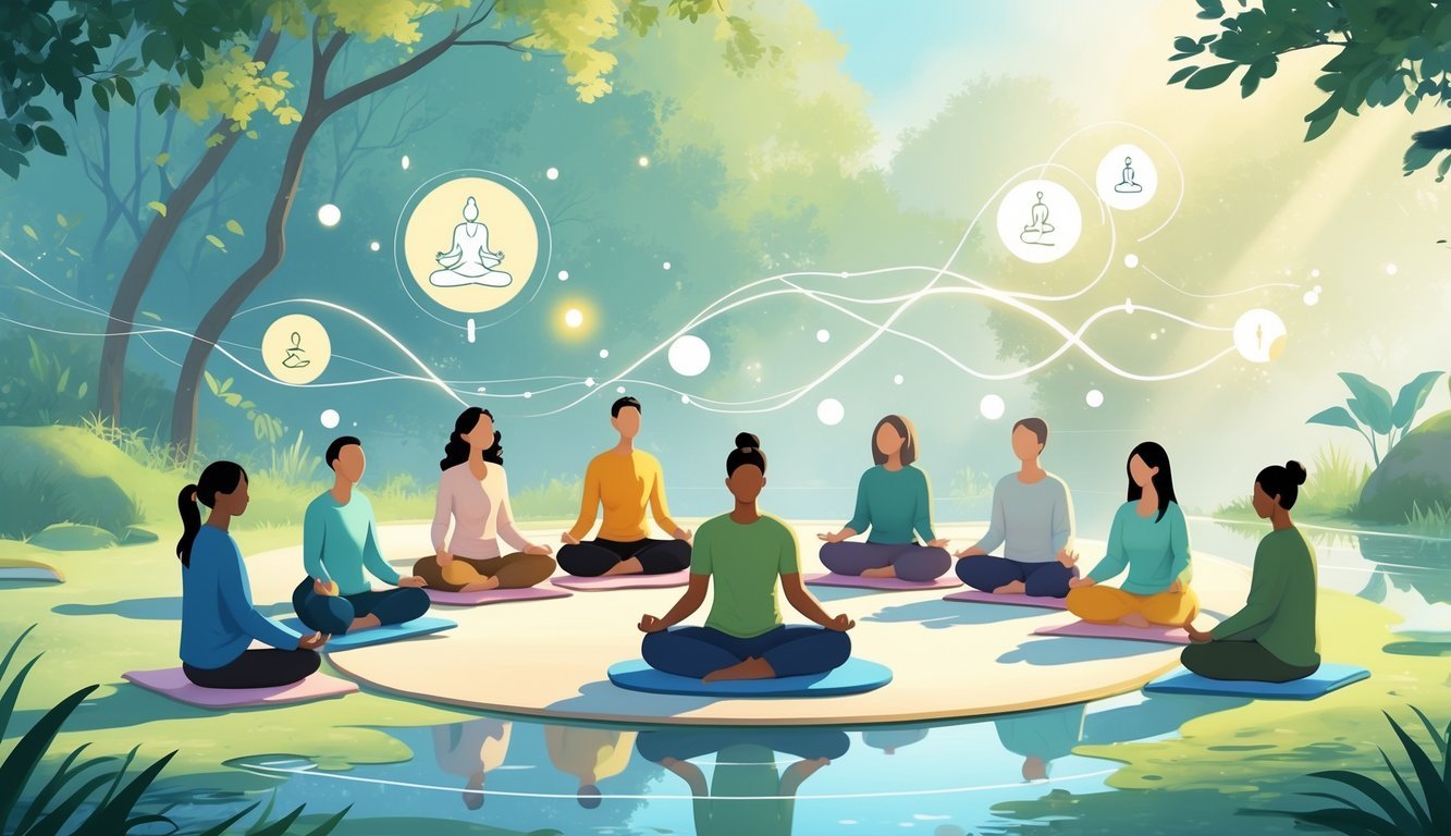 A group of people meditating together outdoors surrounded by nature, with visual elements representing breathing and focus.
