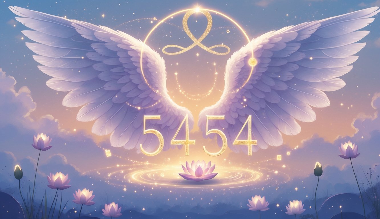 A glowing pair of angel wings cradling the number 5454 surrounded by a lotus flower, infinity symbol, and geometric patterns against a serene sky with clouds and stars.