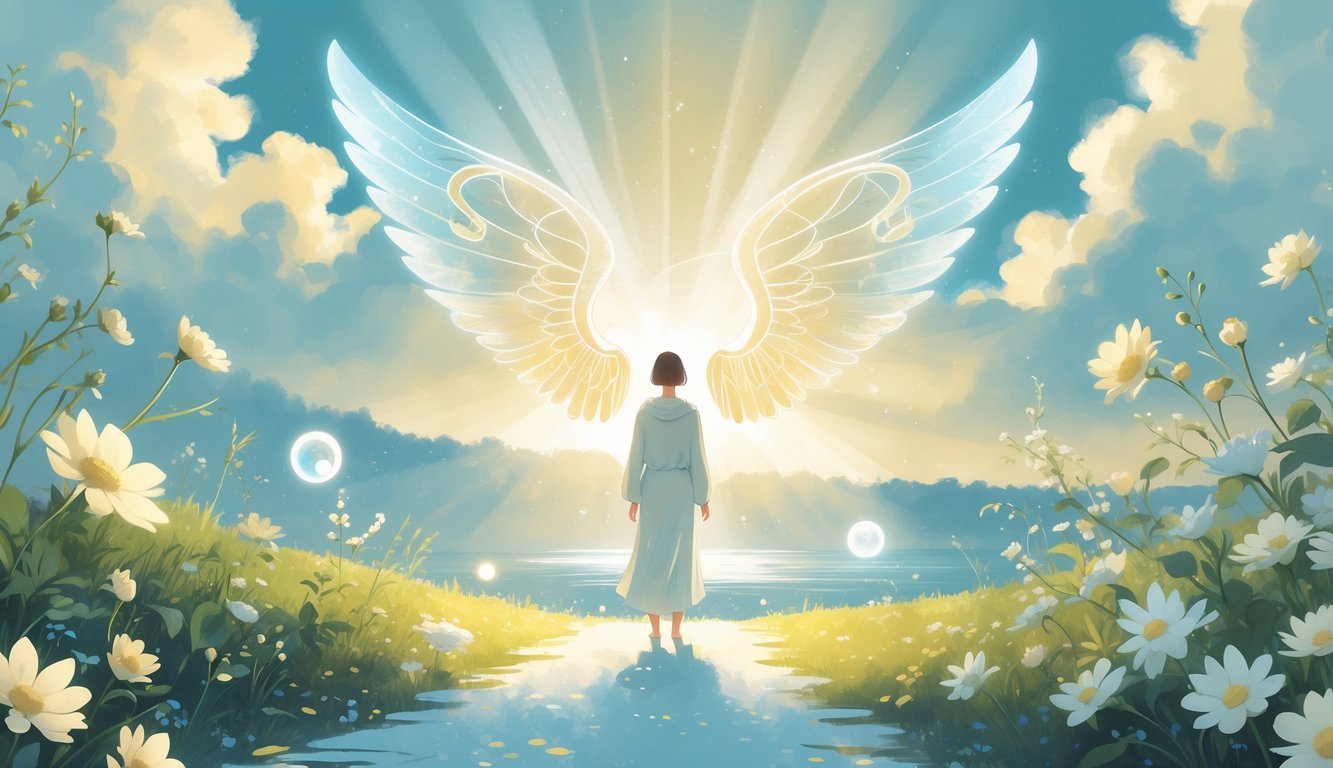 A person standing on a glowing path surrounded by angel wings shaped like numbers, with flowers, flowing water, and sunlight in the background.