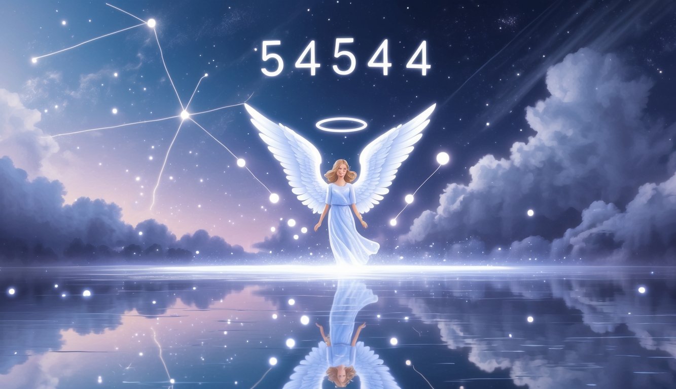 An angel with glowing wings hovering over calm water at twilight under a starry sky with faint number shapes formed by stars.