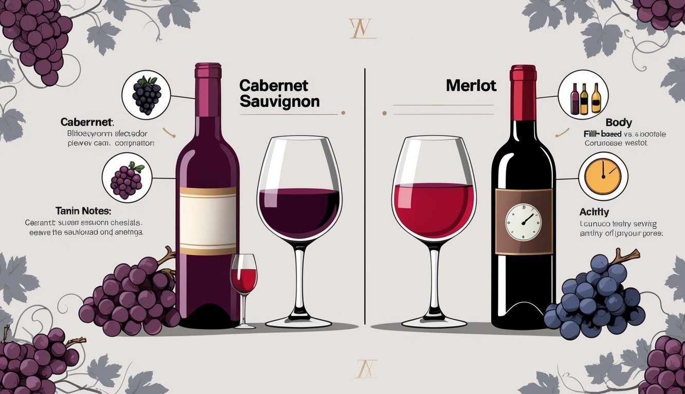 An illustration comparing Cabernet Sauvignon and Merlot wines with two bottles and glasses, surrounded by icons representing six differences such as grape types, flavors, tannin levels, body, acidity, and aging.