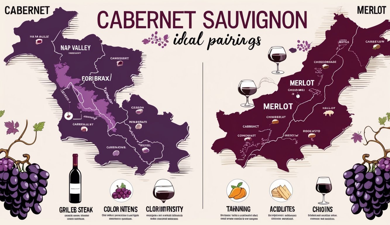 An illustration showing two wine regions side by side with vineyard landscapes, food pairings like steak and chicken, and icons representing six differences between Cabernet Sauvignon and Merlot wines.