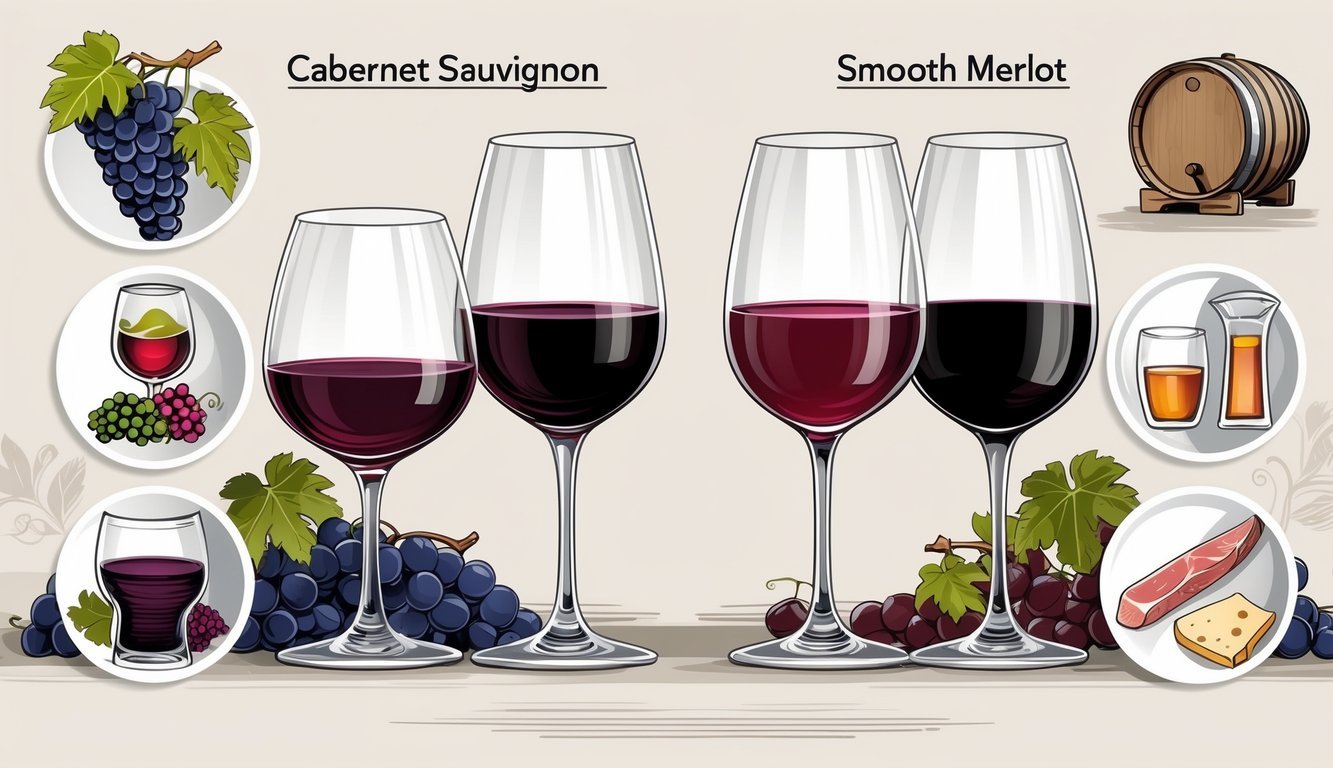 Two wine glasses side by side, one with Cabernet Sauvignon and one with Merlot, surrounded by six icons illustrating their key differences such as grape types, flavors, tannins, aging, color, and food pairings.