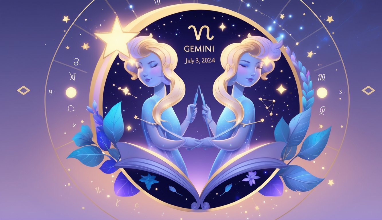 Two intertwined twins representing Gemini surrounded by stars, a crescent moon, and astrological symbols against a cosmic background.