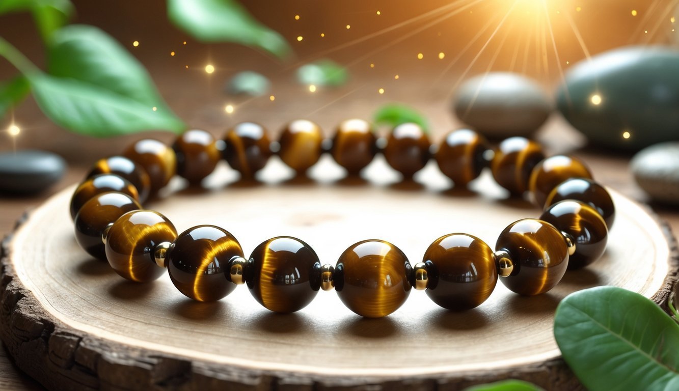 Close-up of a tiger eye bead bracelet resting on a wooden surface surrounded by green leaves and smooth stones, with a warm glow highlighting the beads.