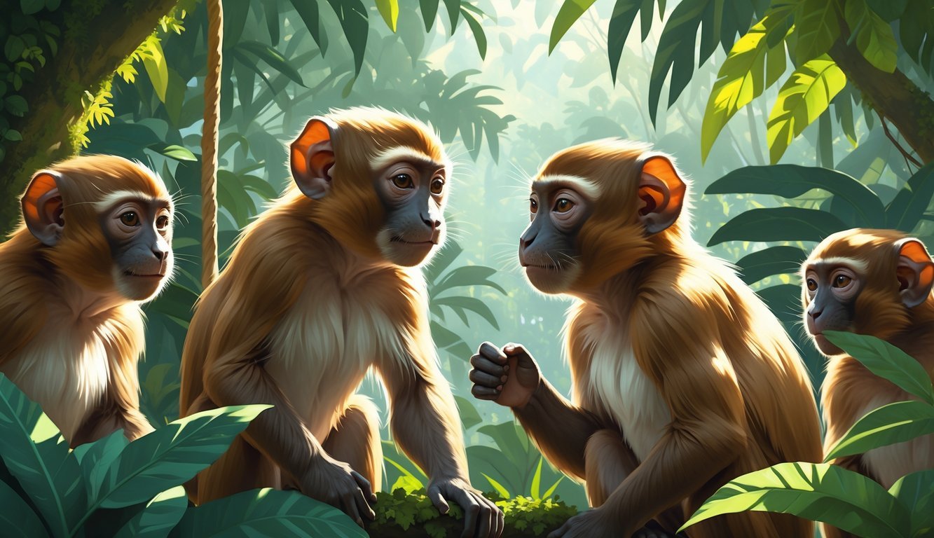 Two tamarin monkeys communicating peacefully in a jungle, with other monkeys nearby watching.