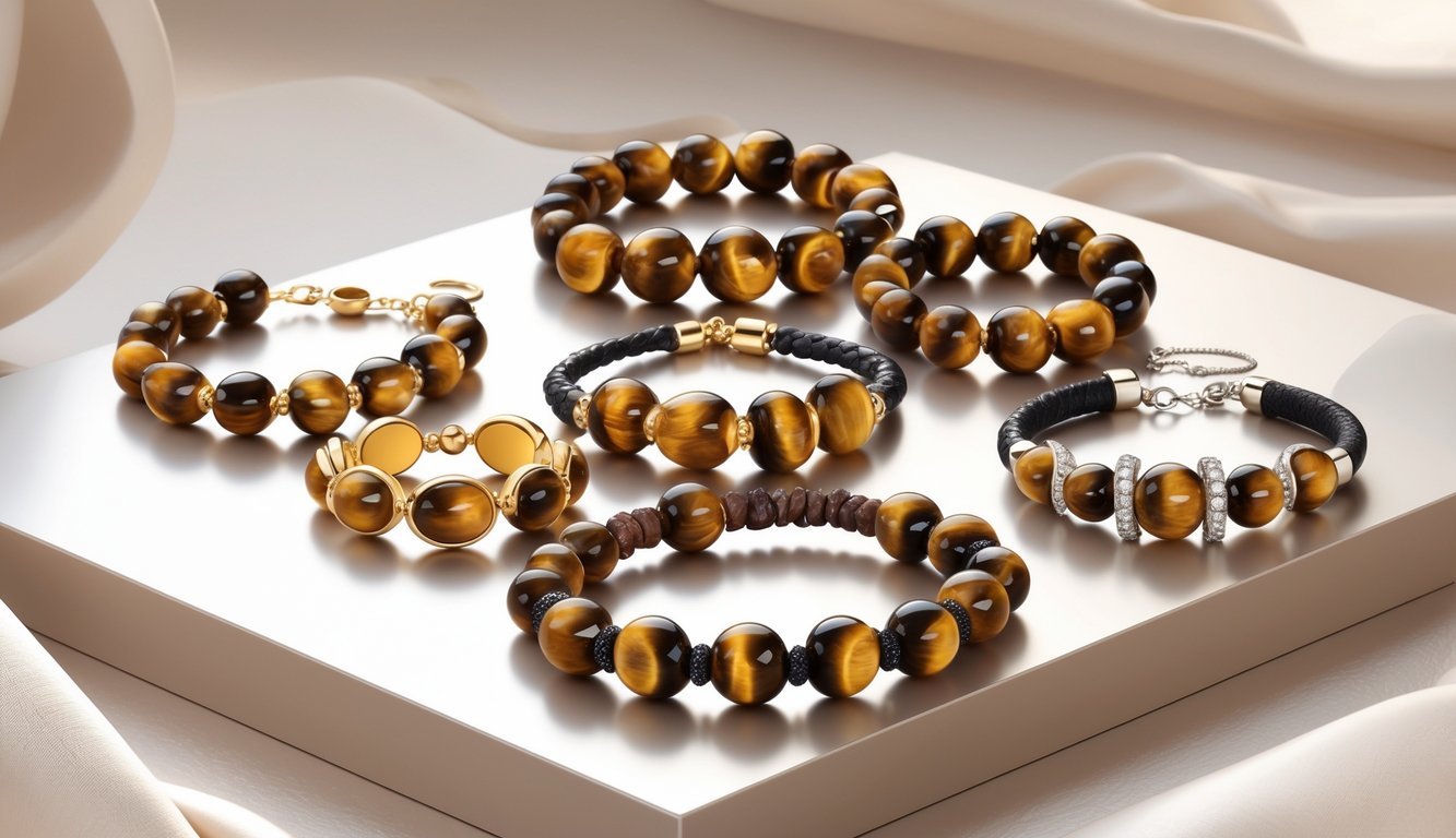 A collection of tiger eye bracelets displayed on a smooth surface, showing different styles and materials.