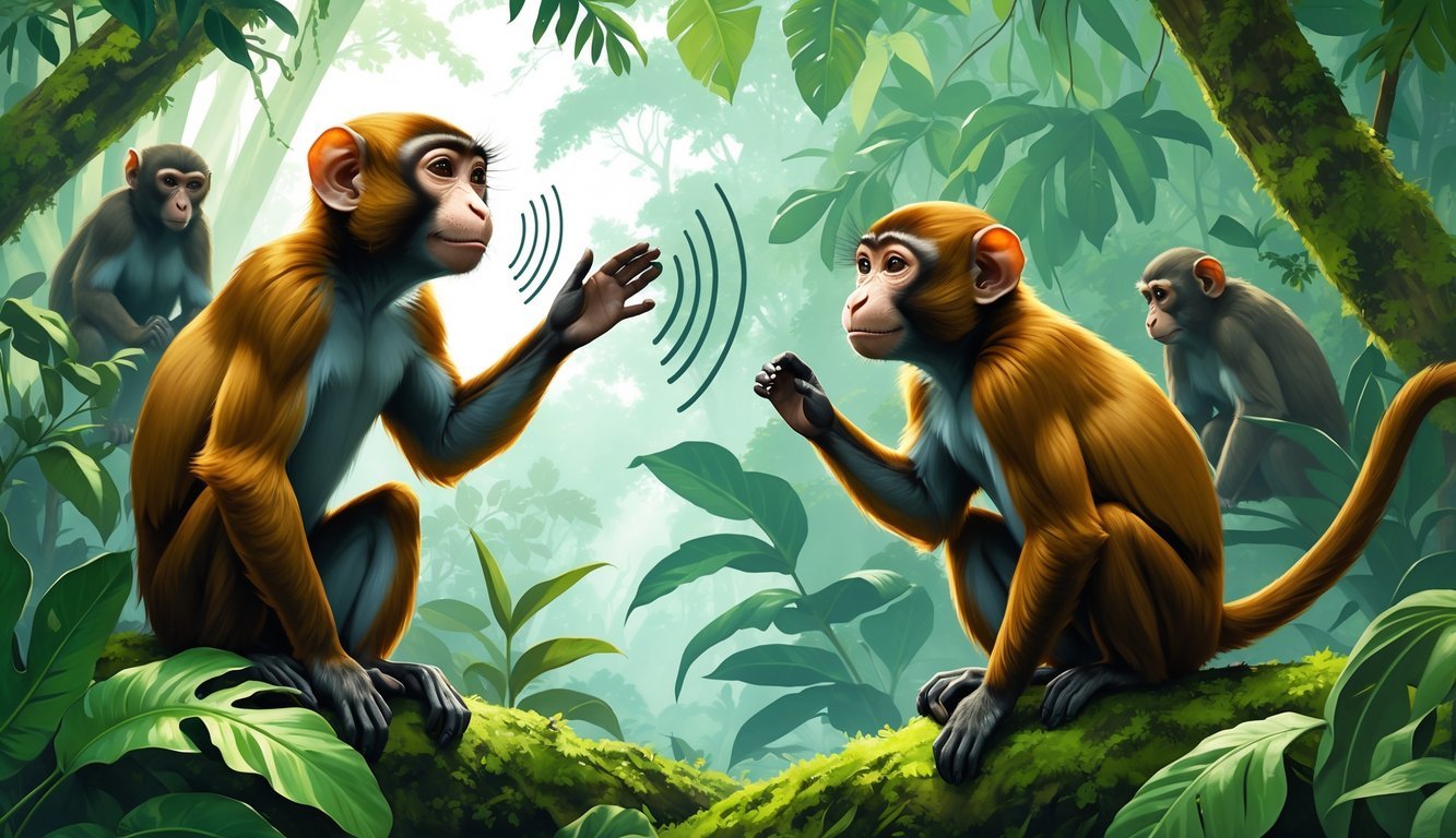 Two tamarin monkeys in a rainforest, one vocalizing and the other listening, surrounded by other monkeys in the background.